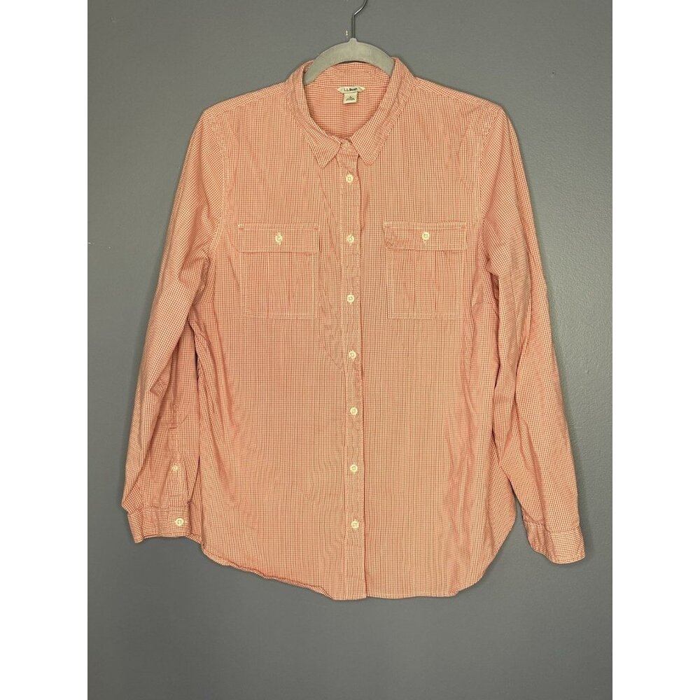 LL Bean Gingham Plaid Shirt Men's L Long Sleeve Orange Lightweight Summer Picnic - Picture 10 of 11